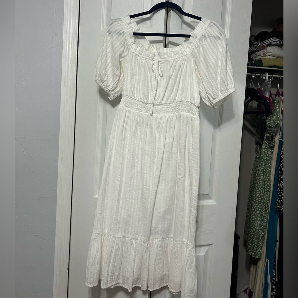 LOFT White Midi Dress with Puff Sleeves